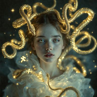 The primary subject of the image is a woman with a unique and artistic hairstyle. She has a snake-like hairdo, which adds a creative and eye-catching element to her appearance. The setting is a dark room, which further emphasizes the woman's hairstyle and makes it stand out. The visual style of the image is a combination of photo and digital art, creating a surreal and captivating scene. The colors and mood of the image are predominantly dark, with the